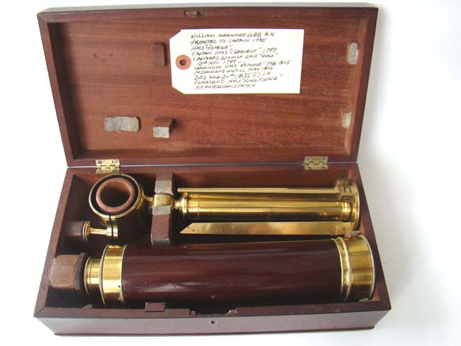 An extremely fine, rare and historic late 18th or early 19th century Napoleonic War period cased four-draw telescope with tripod stand owned by Capt. William Lobb, Royal Navy (1760-1835) and made by John Berge of London circa 1795-1800.